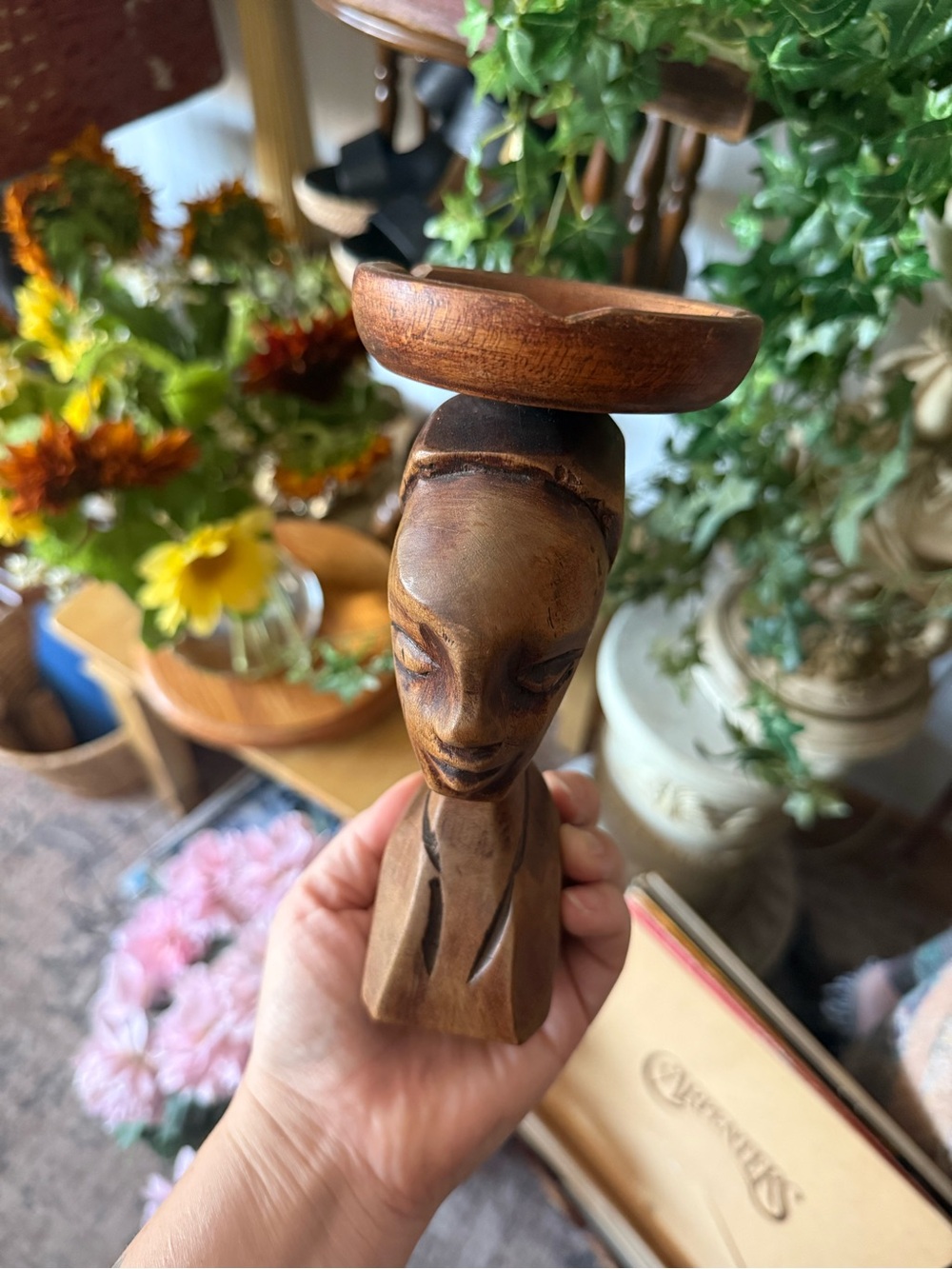 Hand-Carved Wooden Figure Candlestick Holder - Brown